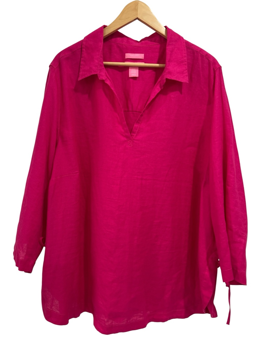 Isaac Mizrahi 100% Linen Tunic Top 3/4 Sleeve Side Tie - Hot Pink/Magenta - 2X